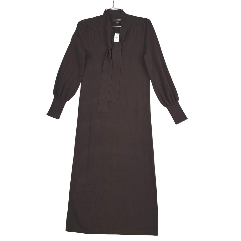 Banana Republic Knit Midi Dress‎ Tie Neck Long Sleeve Brown XS